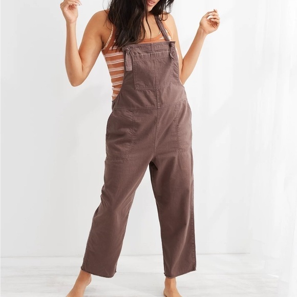 Aerie Work & Play Twill Brown Frayed Hem Ankle Jumpsuit Overalls XS - Picture 1 of 14